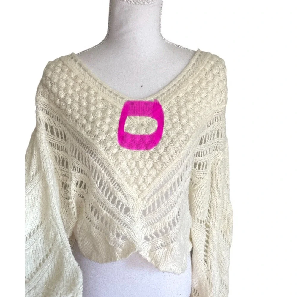 Free‎ People Ivory Snowball Cropped Sweater Wool Blend Open Knit Boho Chic Sz XS